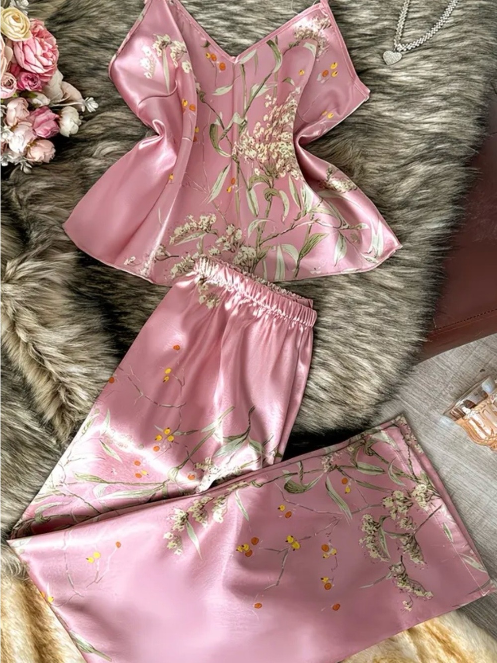 Unlisted Pink Floral Satin Cami Pajama Set